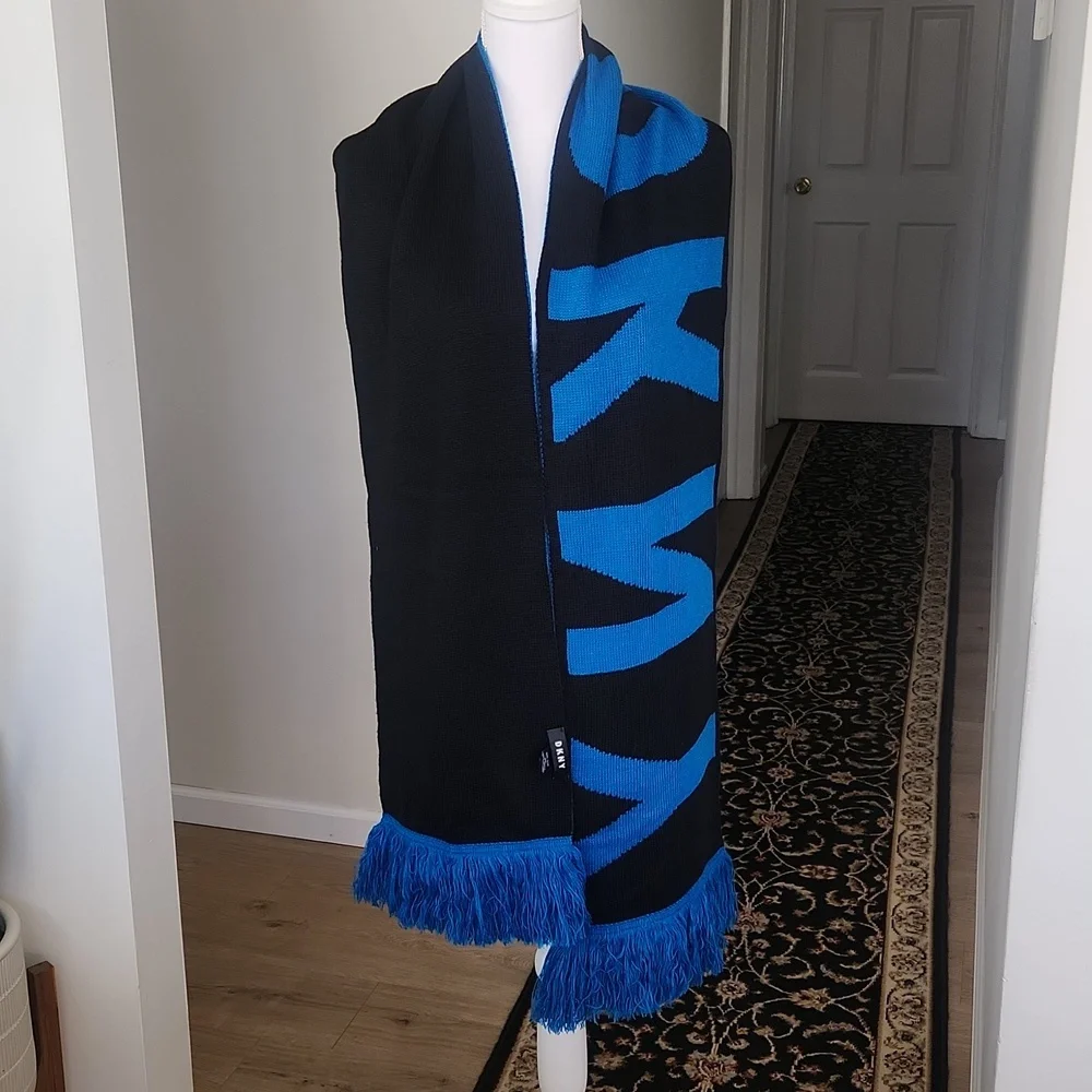DKNY Womens BOLD Logo Fringe Scarf Wrap Black Blue One Size - Picture 2 of 12